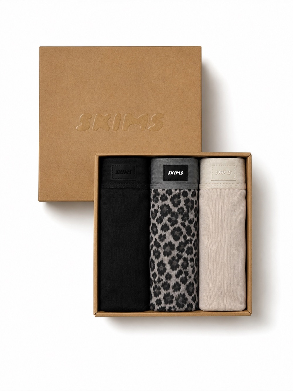 NWT SKIMS 3-РАСК COTTON RIB BOXERS IN SNOW LEOPARD MULTI